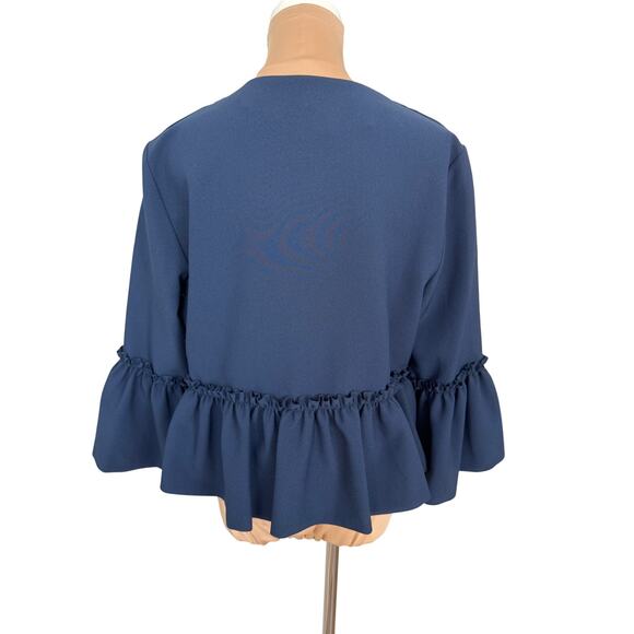 Topshop Navy Bell Sleeve Open Front Blazer Jacket Women’s 10 Ruffle - Picture 2 of 5